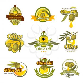 Olive oil labels of green and black olives and olive oil drops for extra virgin natural organic cooking oil product packaging templates for bottles or jars. Vector isolated icons set