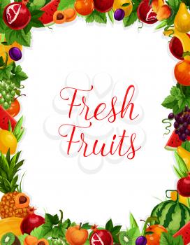 Exotic and garden fruits frame poster. Vector harvest of pomegranate, melon or watermelon and apricot or apple, exotic pineapple or avocado and kiwi, tropical mango, orange or lemon and peach or pear