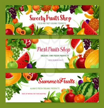 Exotic and garden fruits banners set for fruit shop or market. Vector farm harvest watermelon, avocado or apricot and banana or apple, pomegranate or melon and exotic pineapple or orange and peach