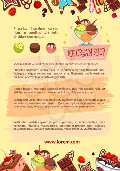 Ice cream shop poster template of frozen dessert. Vector design of sweet fresh fruit or berry ice cream scoops in wafer cone, chocolate sorbet or sundae on waffles with cookie biscuit in caramel glaze
