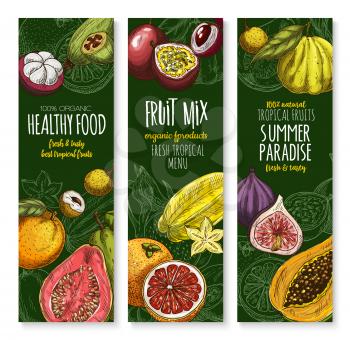 Fresh exotic fruits banners for tropical fruit shop menu. Vector harvest of juicy orange pomelo, mangosteen or rambutan and papaya or mango, maracuya passion fruit or figs and guava, mango and durian