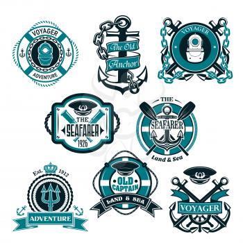 Nautical heraldic icons set. Vector isolated symbols of ship anchor and captain helm in chains, seafarer boat paddles and diver aqualung, voyager trident and life buoy rope or sailor navigator compass