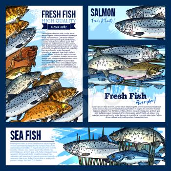 Fresh fish posters and banners set for fish food and seafood market. Vector template design of sea fishing big catch of pike, tuna or flounder and mackerel or marlin, salmon, carp or crucian and bream
