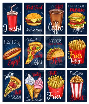 Fast food menu cards or posters for fastfood restaurant. Vector templates of soda, coffee drink, cheeseburger or hamburger, hot dog or pizza and tacos with french fries, ice cream and popcorn dessert