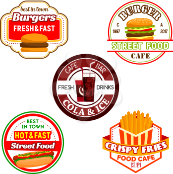 Fast food burger snack and soda drink label set. Hamburger, hot dog, cheeseburger and french fries, coffee and soft beverage isolated symbol for fast food restaurant and street food cafe emblem design