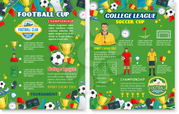 Football sport game poster with soccer team equipment. Football cup match of colleague league banner design with soccer ball, winner trophy cup and stadium field, player uniform and referee card