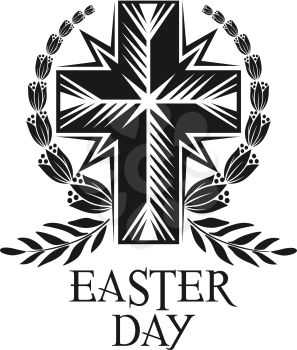Easter religious holiday icon of cross in laurel wreath or flower and leaf branch decoration. Vector isolated cross crucifix for Christian religious Easter Sunday celebration greeting card design
