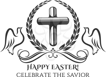 Happy Easter cross icon for Easter day or Resurrection Sunday celebration greeting card design. Vector isolated symbol of catholic Christian cross crucifixion in laurel wreath with ribbon