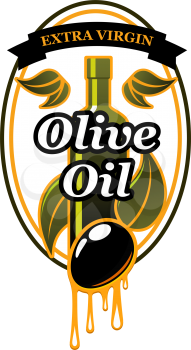 Black olives and olive oil splash drops icon for extra virgin organic cooking oil bottle package design. Vector isolated olives and green leaf branch symbol for Italian or Spanish cuisine