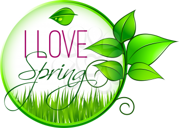 I love spring icon for springtime wishes or seasonal holiday greetings. Vector isolated symbol of green leaf and plant sprout of blooming flower or grass in circle for spring time season
