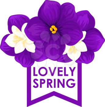 Spring crocuses bunch icon for springtime seasonal holiday or greeting card design. Vector isolated blue and white blooming violet bouquet of spring floral blossoms with ribbon