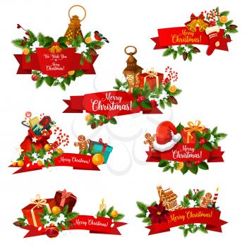 Merry Christmas best wishes lettering icons on red ribbons for winter holiday greeting card design. Vector set of New Year decorations for Christmas tree ornaments and ginger cookie and Santa gifts
