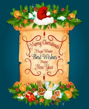Merry Christmas best wishes for Happy New Year holiday greeting card. Vector Christmas decorations and holly wreath with lettering on old paper scroll letter and Santa hat on blue snow background