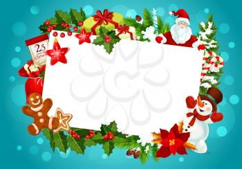 Christmas winter holiday greeting card empty blank in frame of Xmas gifts. Vector design of Santa at Christmas tree with New Year decorations, holly or pine and fir cones in snowflakes