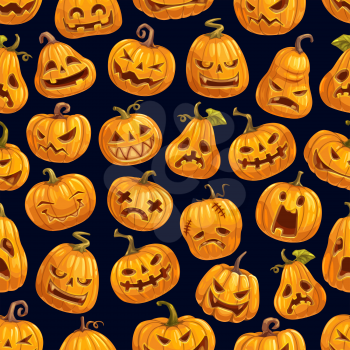 Halloween scary pumpkins pattern background. Vector cartoon seamless pumpkin lantern with skull monster fire eyes and evil face carving, trick or treat party design