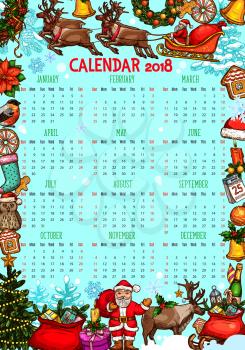 Calendar template with Christmas and New Year holiday sketches. Year calendar with Santa gift bag, Xmas tree and holly berry wreath with bell, star, ribbon, sock, reindeer sleigh and snowflake frame