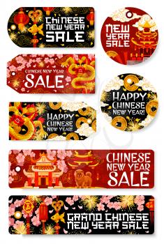 Chinese New Year sale discount banners and shop offer tags of traditional Chinese golden decorations. Vector dragon, lanterns and fireworks in cherry blossom, China temple and Chow dog for sale