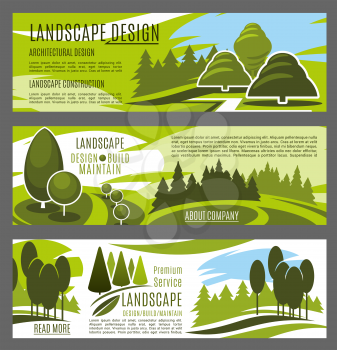 Landscape design, construction and maintenance business company banners template. Green tree nature landscape of eco park and city garden with grass lawn and footpath for landscaping service design