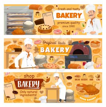 Baker at bakery shop baking bread, desserts and pastry sweets. Vector baker in hat at oven with menu, bagel or pretzel donut or cupcake and bun, sweet cheesecake or custards and wheat or rye bread