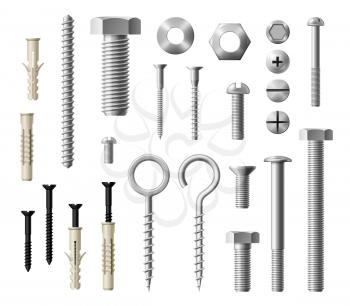Construction fasteners isolated realistic set of screws, bolts and nuts. Vector metallic lag screws, bolts and hex cap nuts, eye hooks and drywalls with twinfasts and wood fasteners
