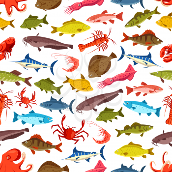 Seafood and fish seamless cartoon pattern. Vector ocean and river fishes flounder, tuna or carp and sheatfish with squid, octopus and shrimp or prawn, lobster crab and trout pattern
