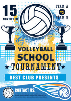 Volleyball sport championship cup and school league or college team match tournament. Vector volleyball game poster with victory cups and flying ball in net