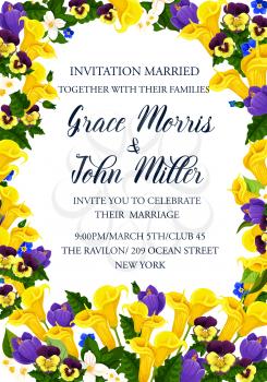 Wedding invitation banner template with spring flower frame. Crocus, calla lily, pansy and blooming branch of jasmine floral border with text layout in center for marriage celebration themes design