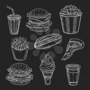 Fast food lunch meal chalk sketch on blackboard. Hamburger and hot dog sandwich, pizza, french fries, takeaway cup of soda and coffee drink, ice cream cone and popcorn for fast food menu board design