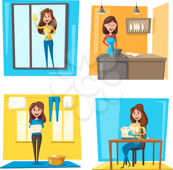 Household chores set with woman doing housework. Young housewife cooking dinner, cleaning window, hanging laundry and sewing clothes on machine. Housekeeping cartoon concept design