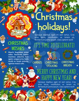 Christmas and New Year holidays banner template. Xmas tree and holly wreath, gift, bell, candle and Santa with reindeer, sock, candy and cookie, star, snowflake and ball festive poster design