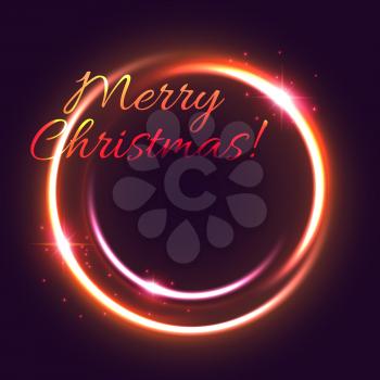 Christmas light greeting card of New Year winter holiday celebration. Glowing pink circle with Xmas star, bright sparkles and glittering lines for Christmas party invitation and festive poster design