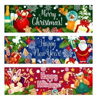 Merry Christmas and Happy New Year holidays banner set. Xmas tree and holly branch with snowflake, gift and bell, Santa with candle, cookie and candy, snow globe and toys for greeting card design