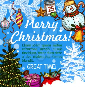 Christmas greeting card for New Year winter holiday design. Xmas tree, snowman and gift sketch poster, adorned with present, snowflake and star, Santa bell, candy and ball, calendar and ribbon bow