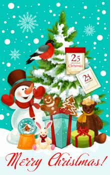 Merry Christmas wish greeting card design for happy winter holidays. Vector snowman with Santa gifts at Christmas tree with, 25 December calendar and New Year decoration garland wreath in snow
