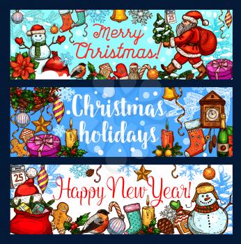 Christmas holiday and New Year celebration sketch banner set. Snowman with Xmas tree and gift, Santa, star and snowflake, ball, candy and sock, bell, candle and cookie for greeting card design