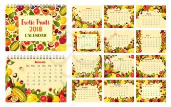Calendar template with exotic fruit frame. Tropical berry monthly calendar of 2018 year with papaya, orange and grapefruit, feijoa, fig and durian, lychee, passion and dragon fruit, carambole, guava