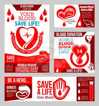 World Blood Donor Day banner for blood donation campaign event template. Red blood drop, heart and hand medical poster with ribbon and Save Life quote for transfusion center or charity themes design