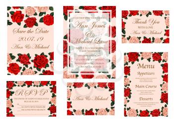Wedding banner with rose flower for invitation and save the date card, menu and thank you poster template. Floral frame of red and pink rose blossom, green leaf and branch for wedding ceremony design