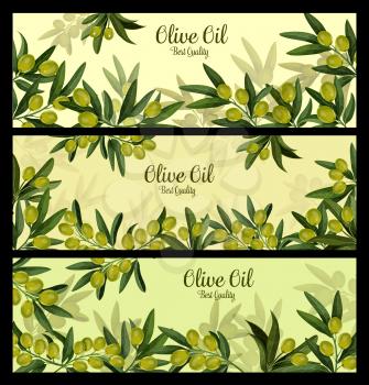 Green olive branch banner for natural oil and organic olive product label template. Olive fruit, tree branch and leaf frame border with copy space in center for extra virgin oil packaging design