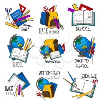 Back to School icons set design of education stationery and lesson supplies. Vector set of school bag, book or microscope and globe map, lesson study notebook or chalkboard and school blackboard