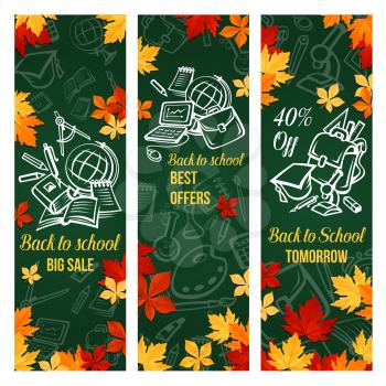 Back to school sale banner of student stationery best offers. School supplies, pencil, book and pen, ruler and globe chalk sketch on school blackboard with autumn leaves for discount flyer design