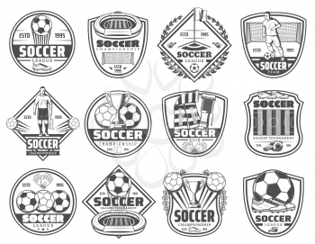 Football or soccer sport heraldic shields and icons. Football game player with soccer ball and trophy cup, stadium and field, goal gate for championship and sports label design