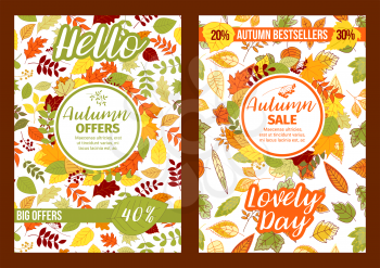 Autumn sale posters or fall shopping discount or web banners template for seasonal store promo. Vector maple or chestnut and poplar leaf, oak or rowan and rowanberry on autumn birch leaves