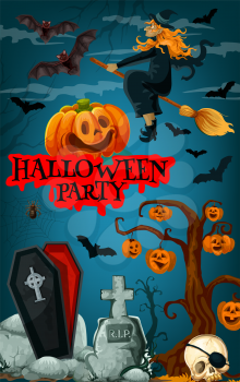 Halloween party promotion banner with october holiday horror cemetery and monsters. Witch, bat and spooky pumpkin lantern, scary skeleton skull, spider net, coffin and gravestone for invitation design