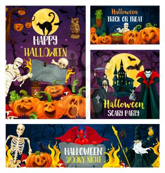 Happy Halloween greeting banner for trick or treat and horror party invitation. October holiday scary pumpkin lantern, bat and skeleton, zombie, spider and vampire, mummy and devil demon poster design