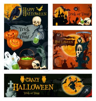 Halloween holiday trick or treat night banner set. Spooky ghost, Halloween pumpkin, witch and bat, skeleton skull, zombie, graveyard and haunted house with full moon night sky for greeting card design