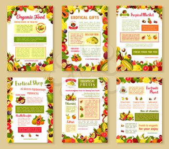 Exotic fruits posters or brochure of tropical papaya, guava or maracuya and carambola. Vector set of passion fruit, durian or lichee and rambutan, dragon fruit or mangosteen and juicy tropic avocado