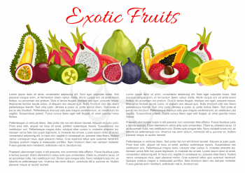 Exotic fruits information poster template on nutrition facts. Vector harvest of tropical figs, durian or papaya and lychee, organic farm pitahaya, passionfruit or carambola and juicy tropic guava
