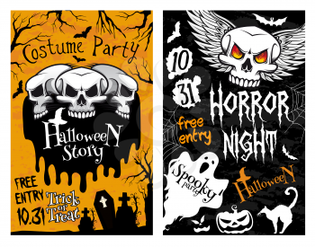 Happy Halloween horror night party invitation poster design of skeleton zombie skull and pumpkin. Vector October trick or treat night flyer of spooky ghost, witch and coffin, zombie on grave