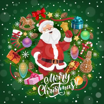 Merry Christmas greeting, Santa Claus with bell. Vector fir branches and gingerbread cookies, gift boxes or presents, cones and snowflakes, candies and socks, holly plant, winter holiday celebration